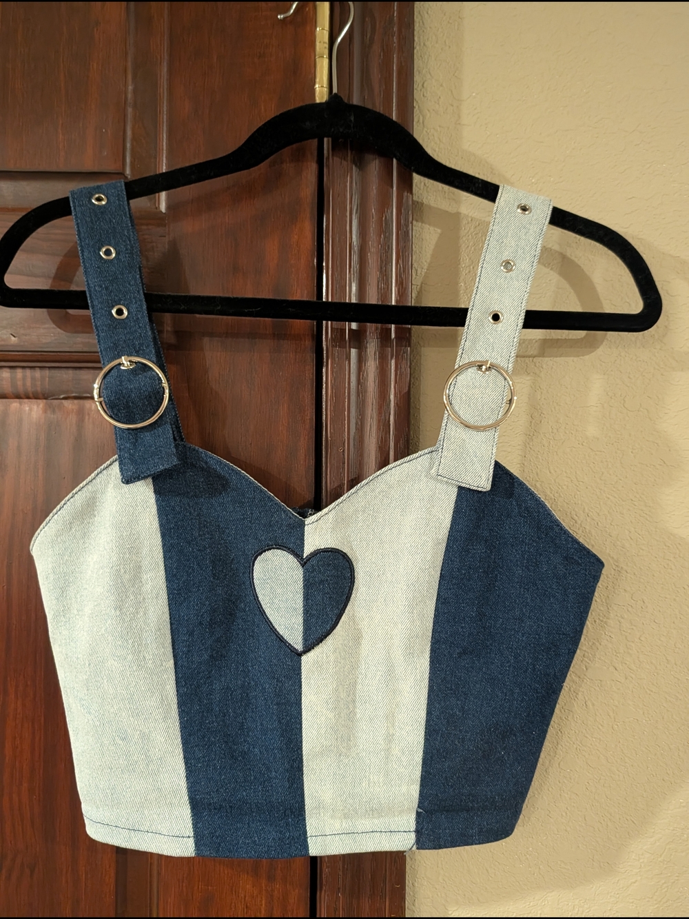 Lazy Oaf Two-Tone Denim Heart Bustier Top - Light and Dark Blue